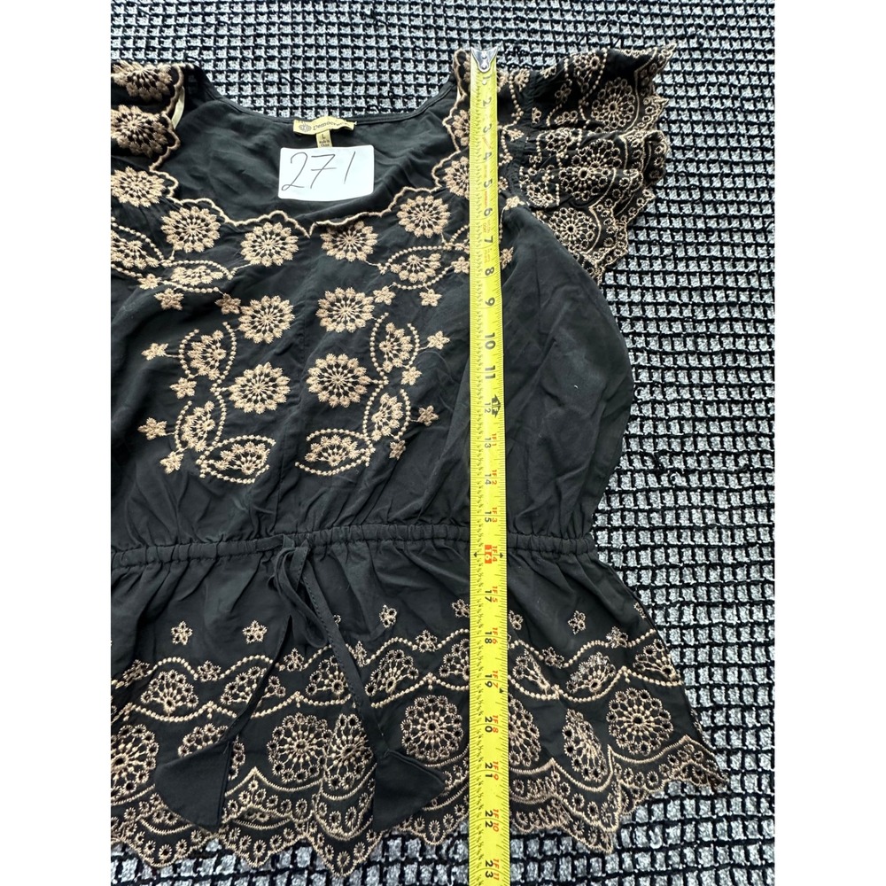 Democracy Embroidered Peplum Top Womens Large Black Flutter Sleeve Boho - Picture 3 of 5